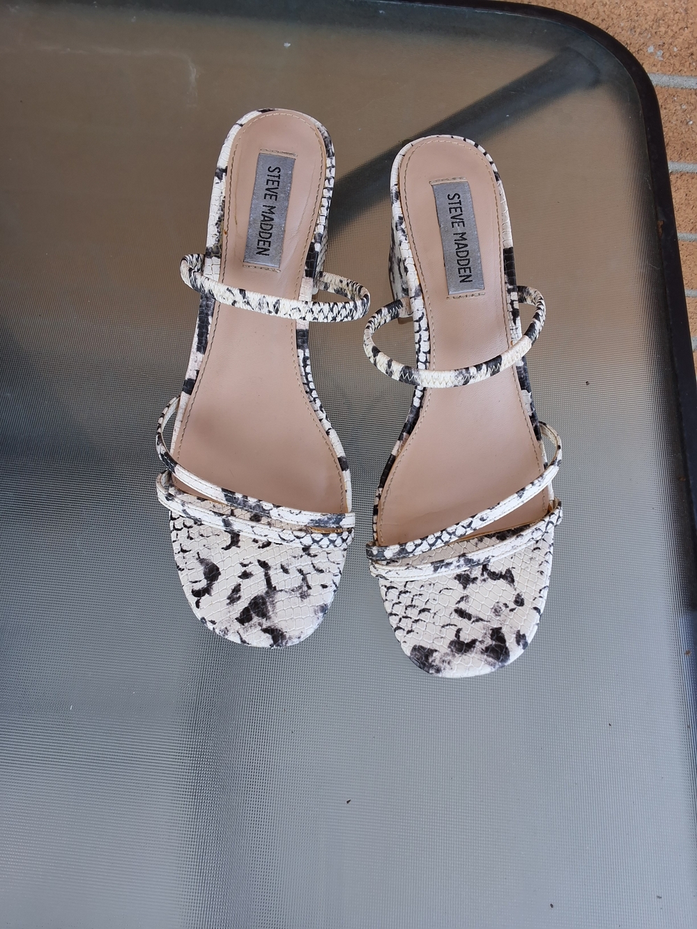 Steve Madden Women's Snake-Print Strappy Sandal in White/Black